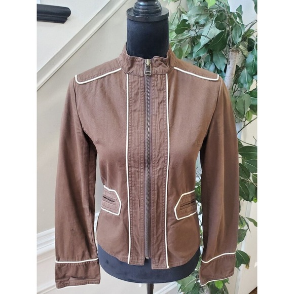 Women's Brown Canvas 100% Cotton White Edging Trims Full Zip Jacket Size Medium - Picture 10 of 14